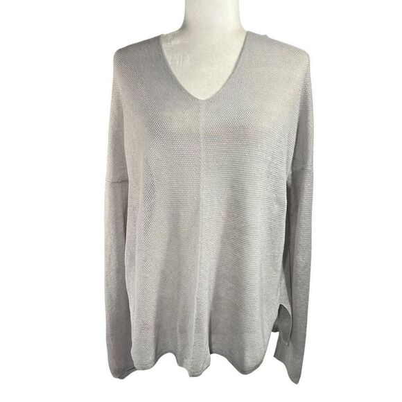 Margaret O'Leary  V-Neck Sweater Size Medium Lightweight Gray Open Knit Linen - Picture 1 of 9